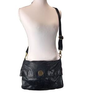 Tory Burch Dena Black Leather Foldover Convertible Crossbody Shoulder Bag